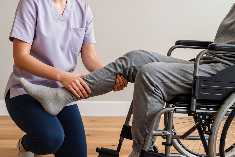 Physical therapist assisting a wheelchair user with leg rehabilitation representing ongoing therapy after a catastrophic injury