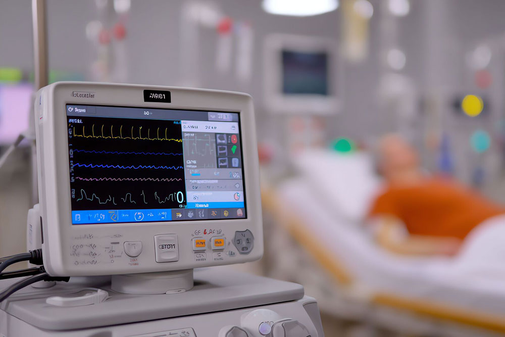 Medical monitor displaying vital signs in a hospital setting