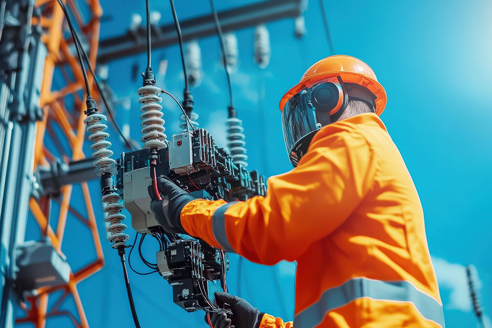Electrical worker in safety gear working on a power tower representing electrocution accident risk