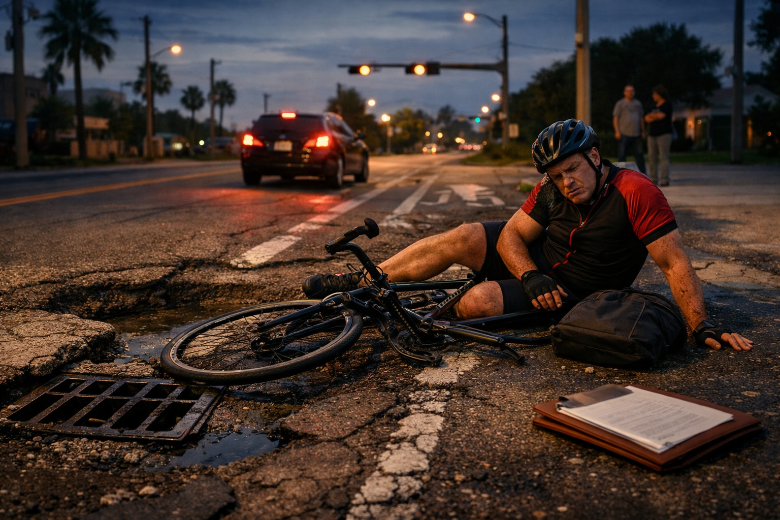 Injured cyclist on a damaged road near a pothole after a bicycle accident.