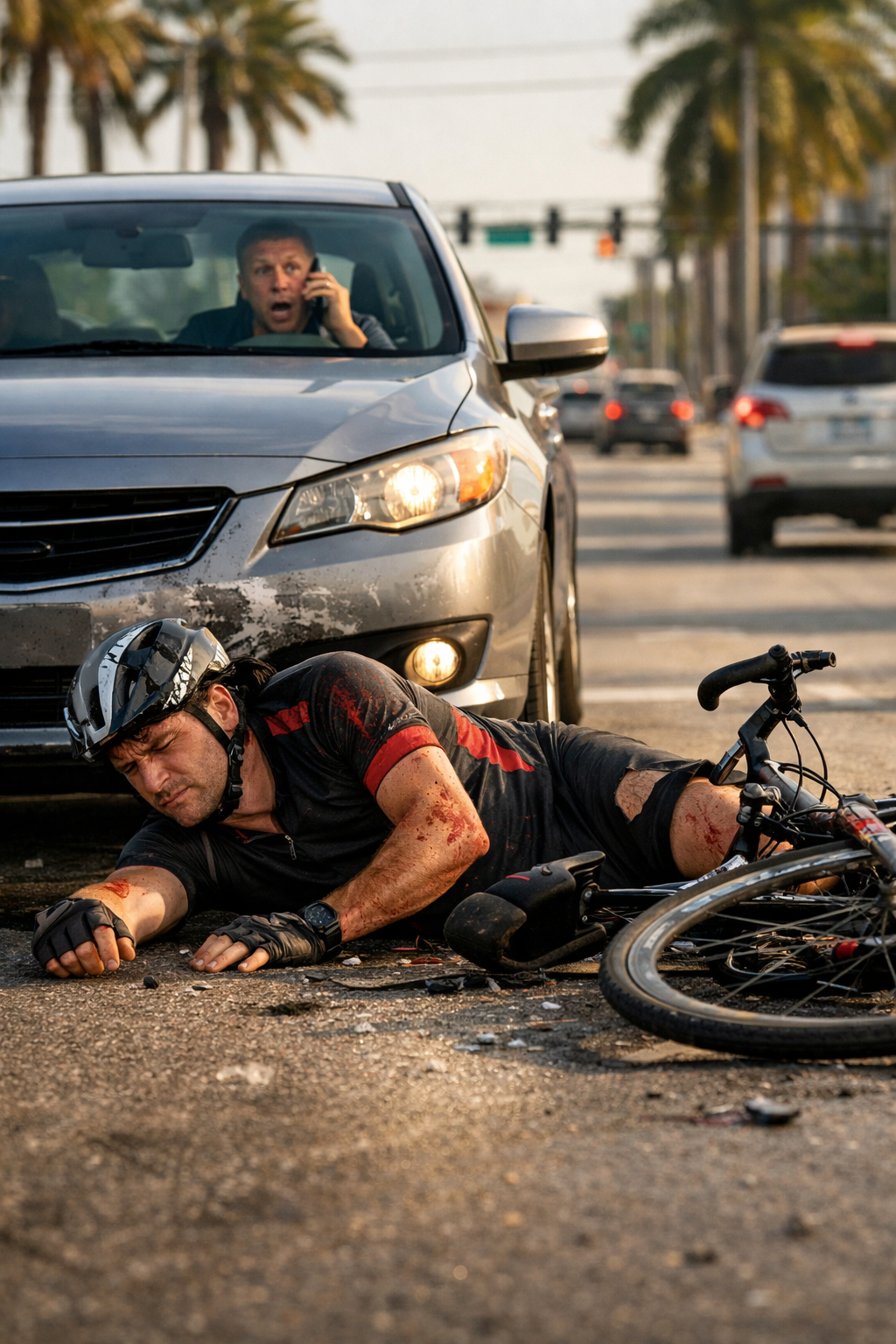 Injured cyclist lying on the road after being hit by a car with a distracted driver.