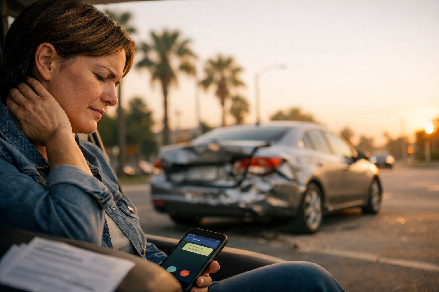 Injured woman holding her neck while using a phone near a damaged car after an accident.
