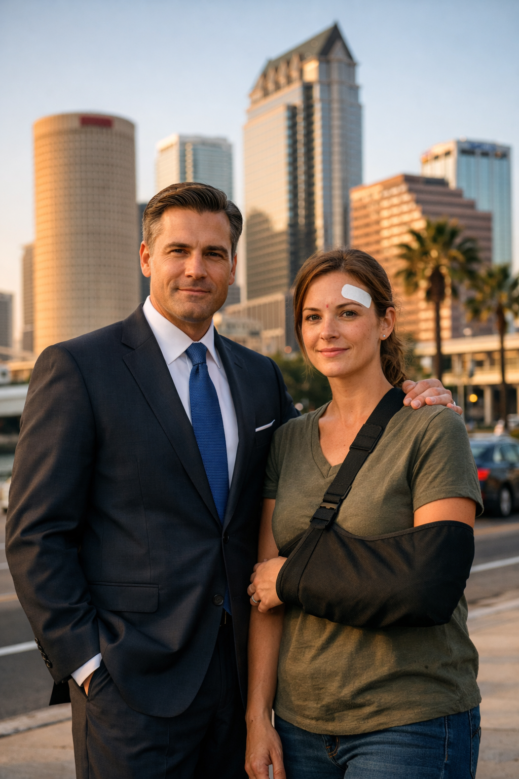 Lawyer standing with an injured woman wearing an arm sling in a city setting.