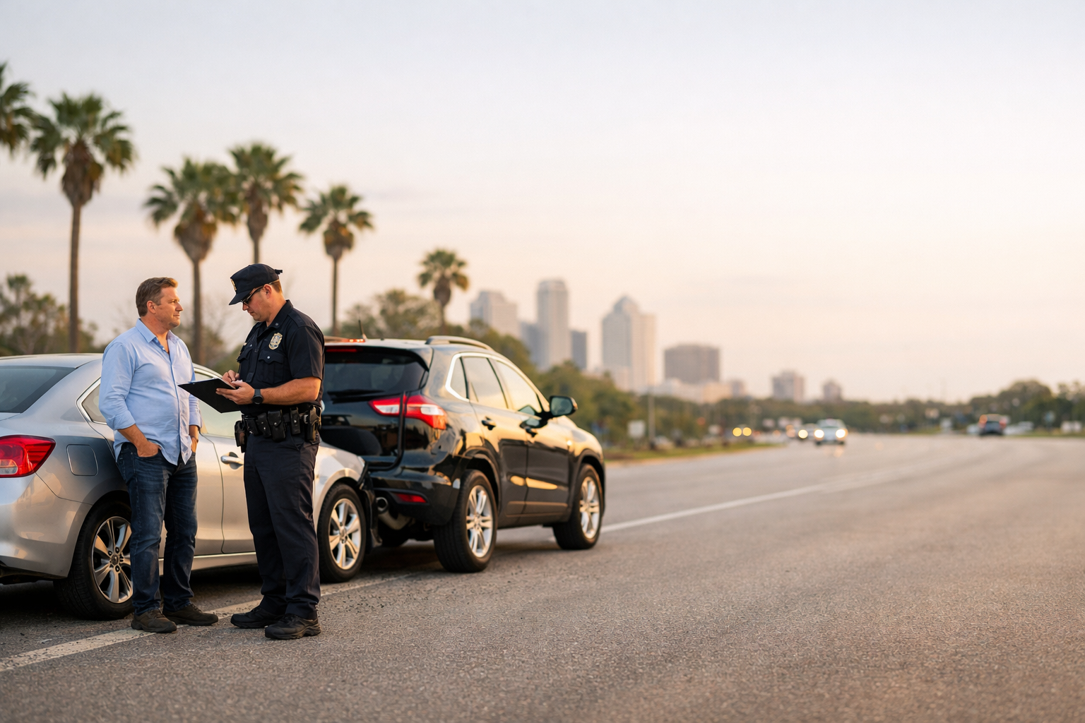 Police officer taking a report from a driver beside two cars on the roadside.
