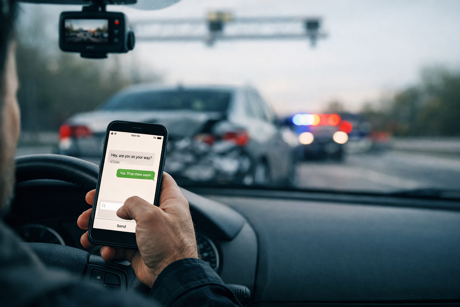 Driver texting on a phone while approaching a car accident with police lights ahead.