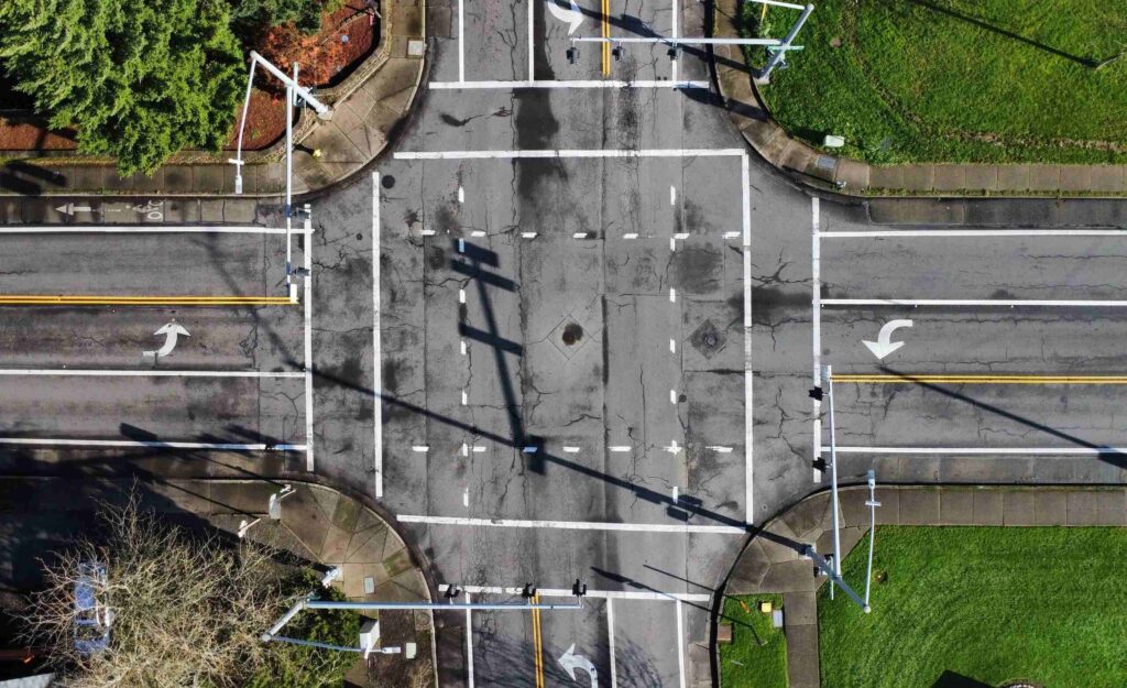 Aerial view of a high-risk New Port Richey intersection where serious car accidents and traffic collisions commonly occur