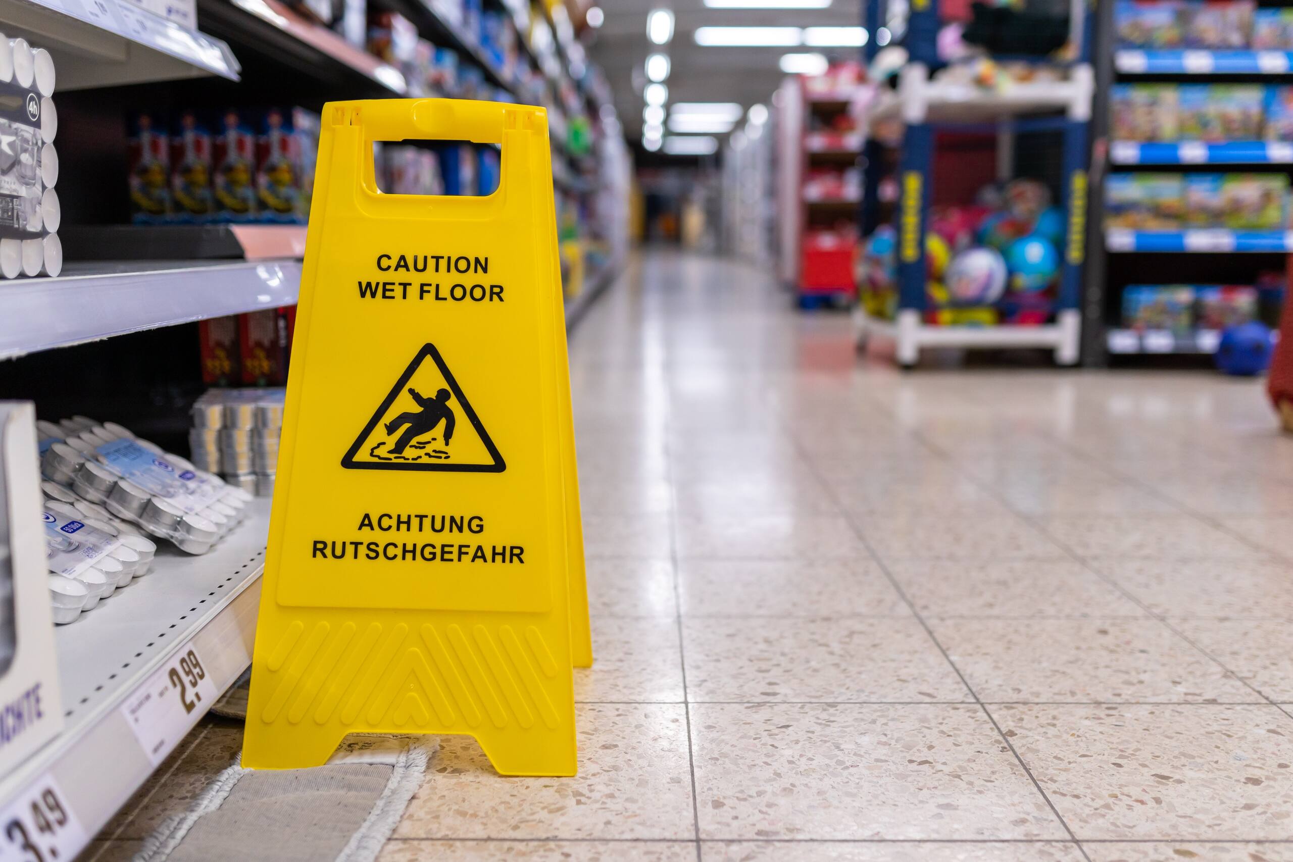 A yellow plastic folding sign reading "Caution Wet Floor" and "Achtung Rutschgefahr" stands in the middle of a tiled supermarket grocery aisle.
