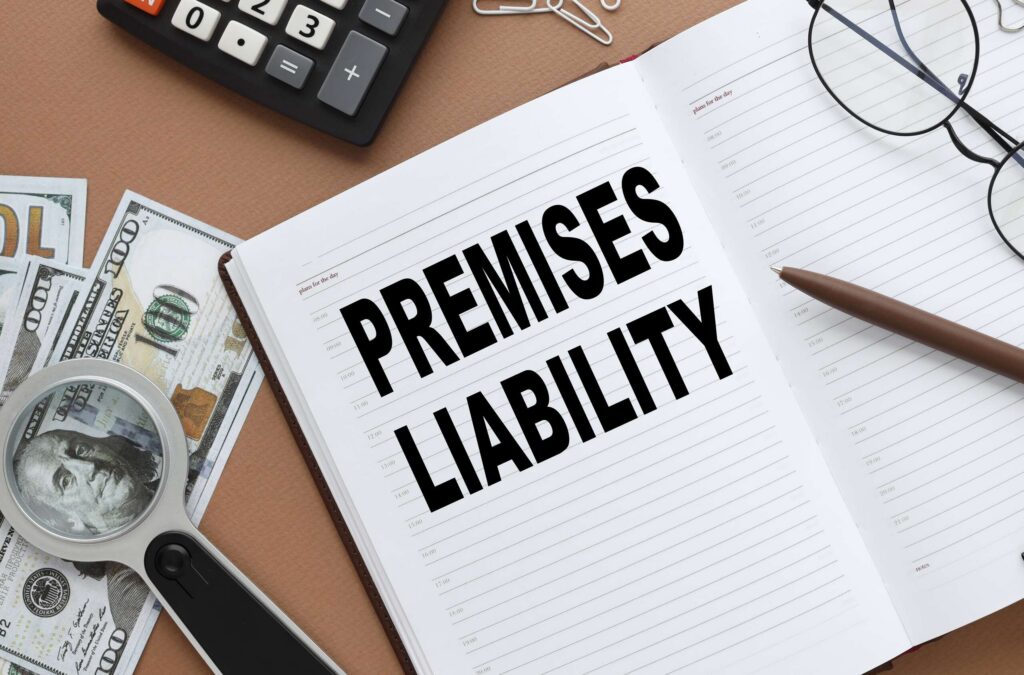 An open notebook with the words "PREMISES LIABILITY" printed across the pages, surrounded by a pen, eyeglasses, a calculator, a magnifying glass, and US dollar bills.