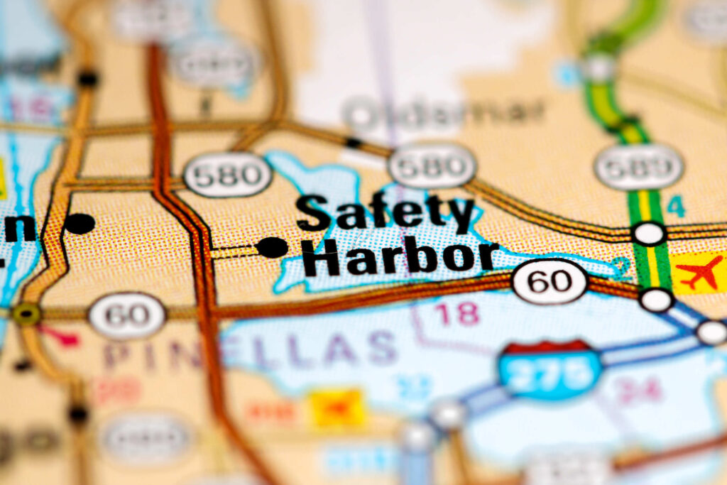 Map showing Safety Harbor, served by local bicycle accident lawyers.