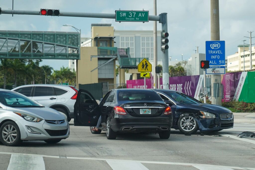 Two cars collided at a busy intersection, managed by Safety Harbor car accident lawyers.