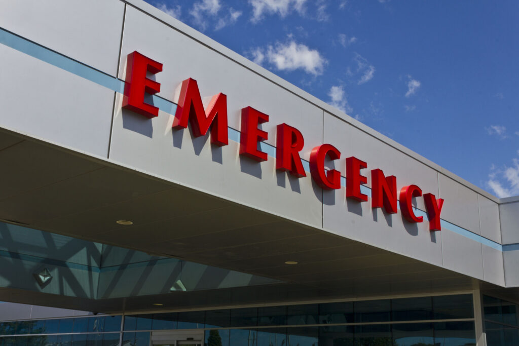 Hospital Emergency room sign representing medical care and claims handled by Safety Harbor personal injury lawyers.