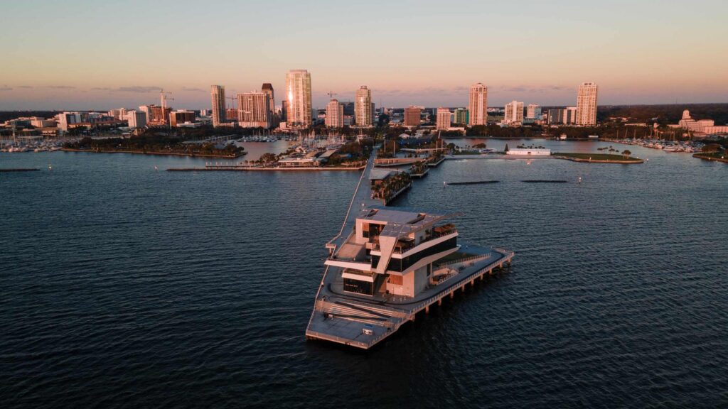 An aerial view of the St Petersburg Pier highlights the local area served by St Petersburg Lyft Accident Lawyers.
