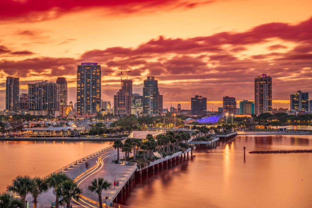 Tampa skyline at sunset where Tampa Uber & Lyft Accident Lawyers assist injured passengers.