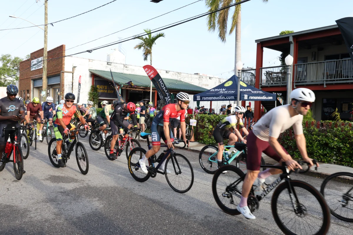 Cyclists rolling out at the start of the Share the Road Ride on Baum Ave in St. Petersburg, FL